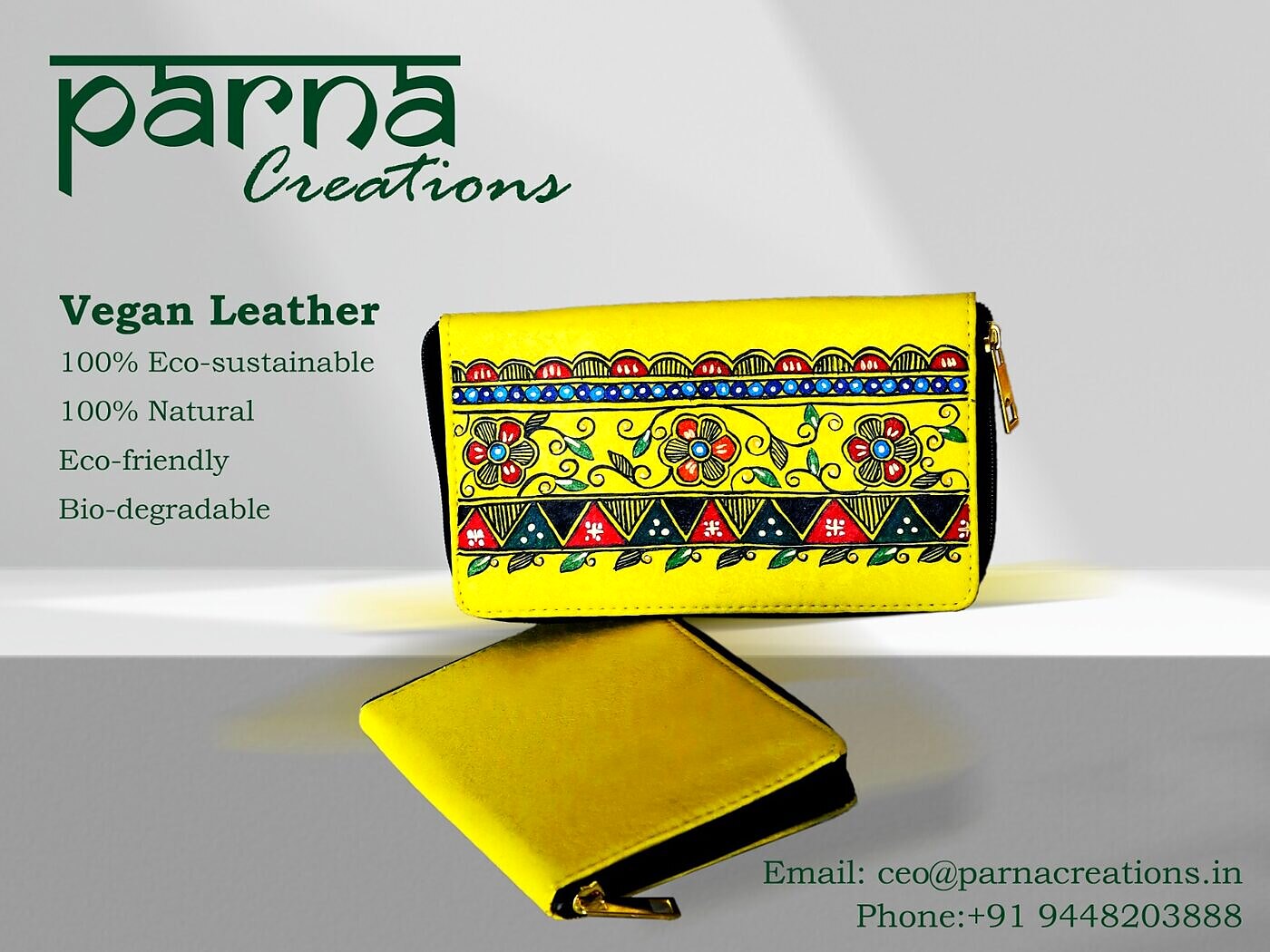 Madhubani hand-painted artwork on Parna areca vegan leather products